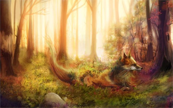 The-most-gorgeous-animation-wonderful-poster-Art-painting-fox-forest-trees-grass-rocks-4-Sizes-Silk